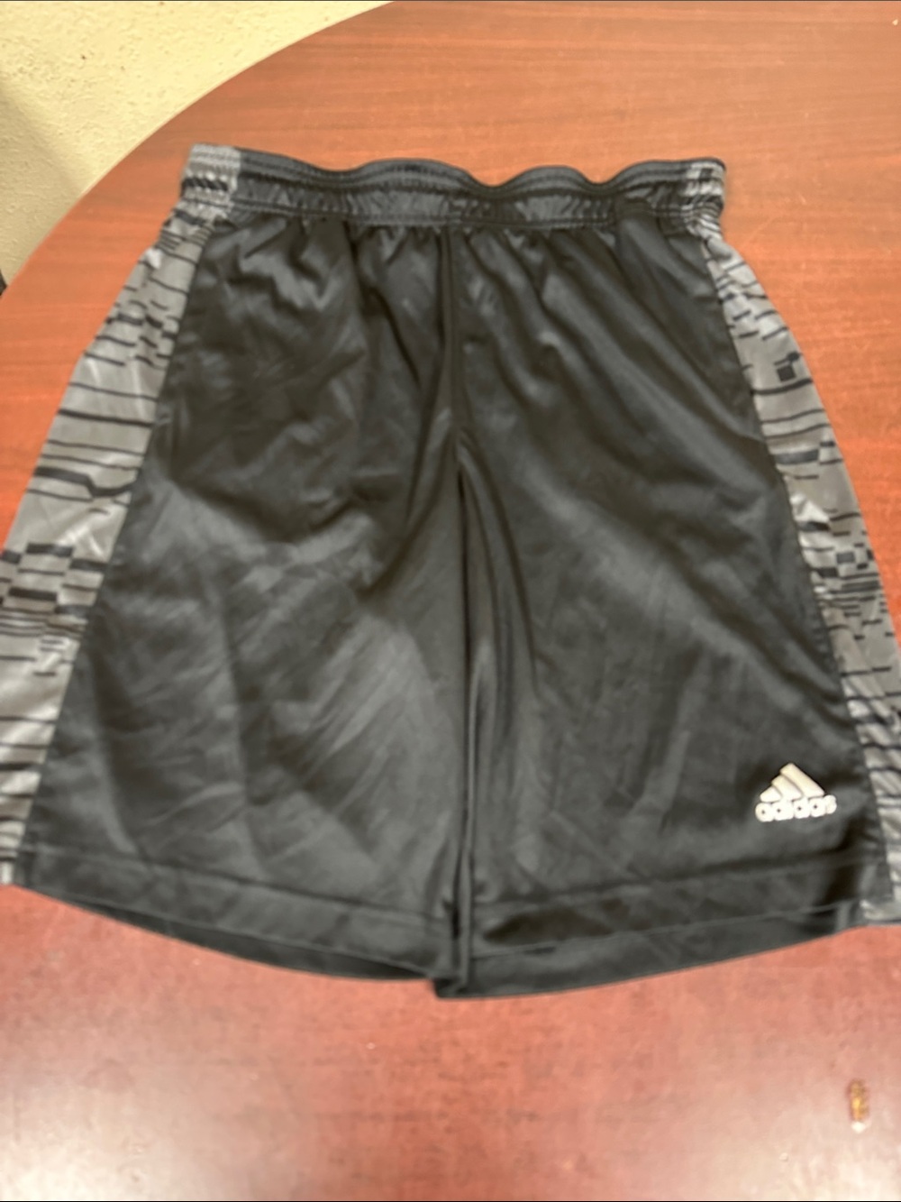 #218, Size M, adidas Men’s Black Athletic Shorts with Gray Patterned Side Panels